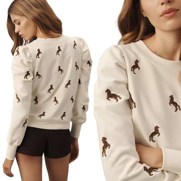 New! Maeve Anthropologie Puff-Sleeve horse Embroidered Sweatshirt 26560 - Picture 1 of 10